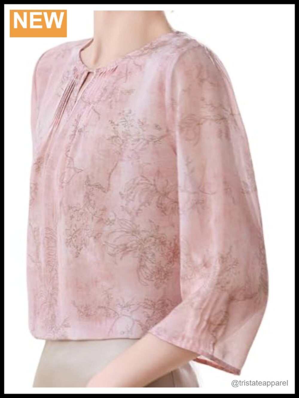 100% Silk Floral Print Blouse 3/4 Sleeve Round Neck Elegant Work Top